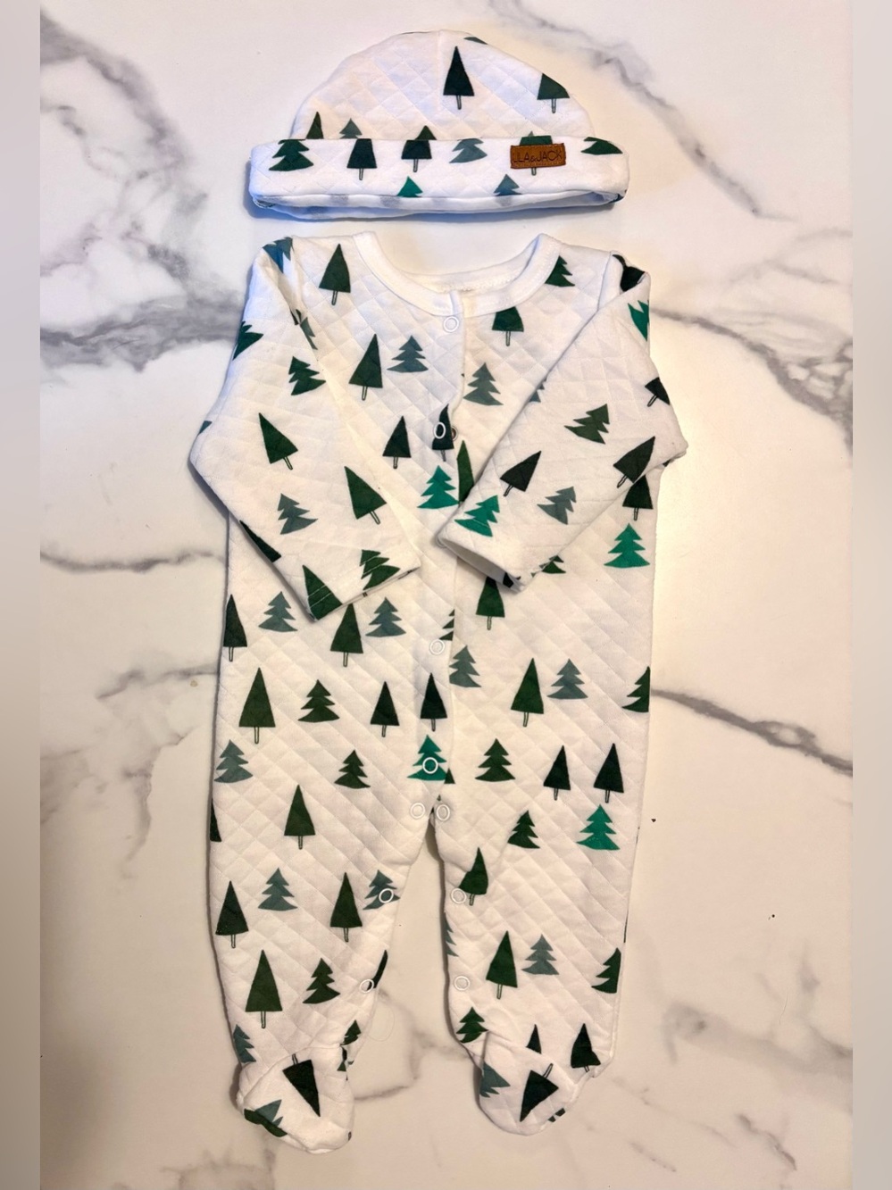 Baby Quilted White Footie with Green Tree Print and Matching Hat